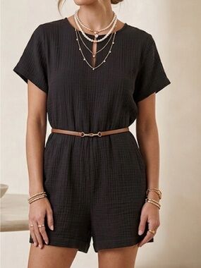 Eileen Fisher Black Organic Cotton Double Gauze Short Sleeve‎ Romper L S19GBA